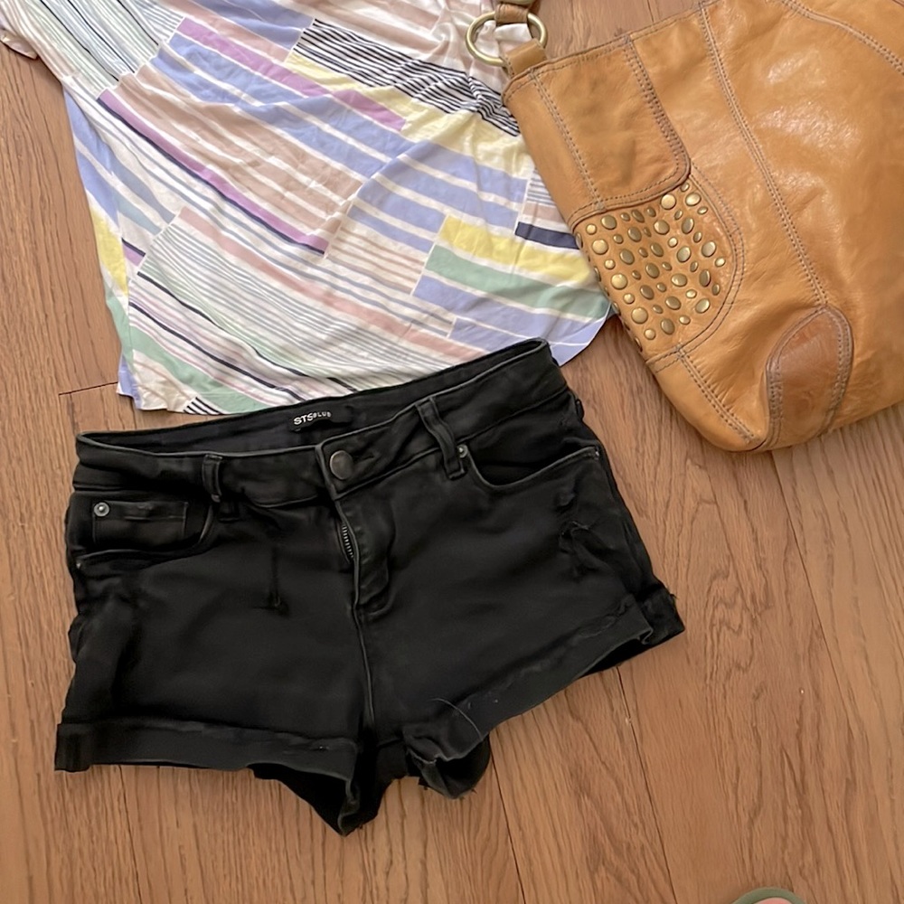 STS blue distressed black denim shorts